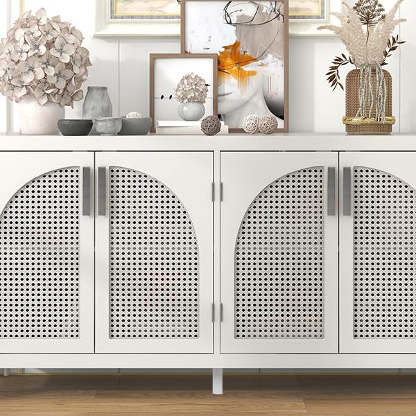 Large Storage Space Sideboard with Artificial Rattan Door and Metal Handles for Living Room and Entryway (White)