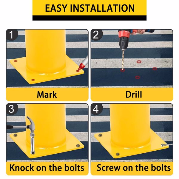 Safety Bollards, Steel Bollard Post, Yellow Powder Coated Safety Parking Barrier Post for High Traffic Areas