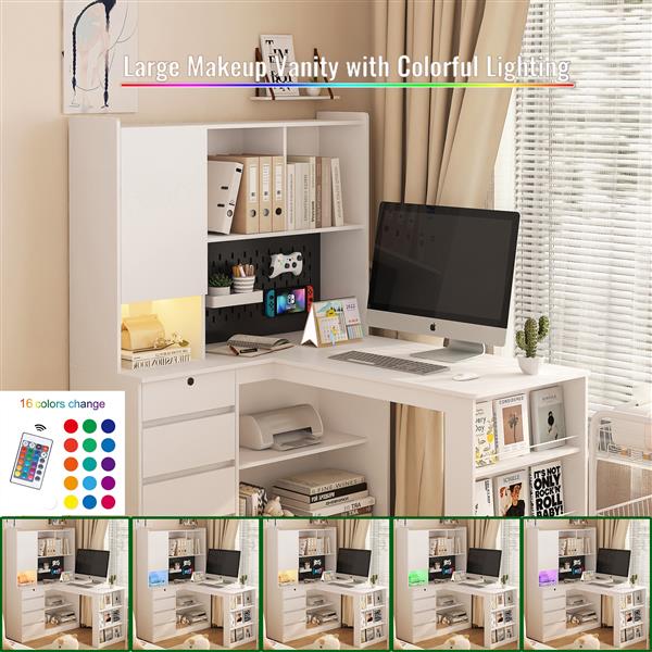 L Shaped Desk with Charger,Computer Desk with Drawers,Bookshelf & Hutchwith LED Light,Modern Corner Desk,Home Office Desk,L-Shaped Study Table Writing Desk,Corner Gaming Computer Desk with Storage