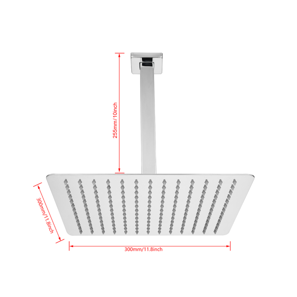 12 Inch High Pressure Rain Shower Head, 304 Stainless Steel Square Shower Head with Self-Cleaning Nozzle, Full Body Coverage