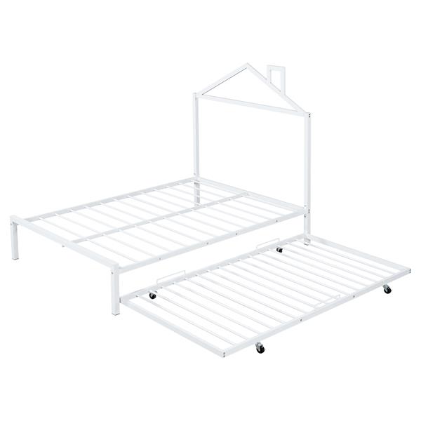 Full Size Metal Platform Bed with twin size trundle,House-Shaped Headboard Design, White