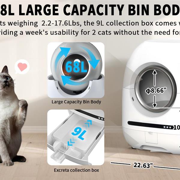 Self-cleaning cat litter box, 68L+9L, suitable for a variety of cat litter, APP control, real-time video, photo and video, safe and reliable, ionic deodorization, with exhaust hose, support WiFi