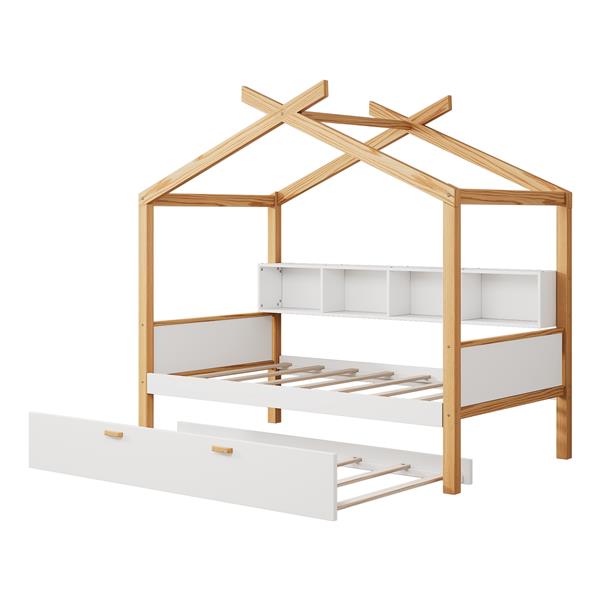 White Twin Size Wooden House Bed with Original Wood Colored Frame Twin Size Trundle and Bookshelf Storage Space for Children or Guest Room