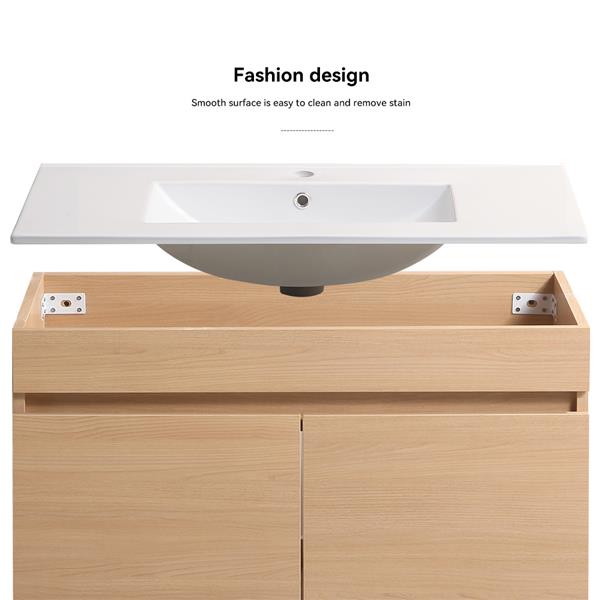 24 Inch Wall Mounted Bathroom Vanity with White Ceramic Basin,Two Soft  Close Cabinet Doors, Solid Wood,Excluding faucets,Light Oak