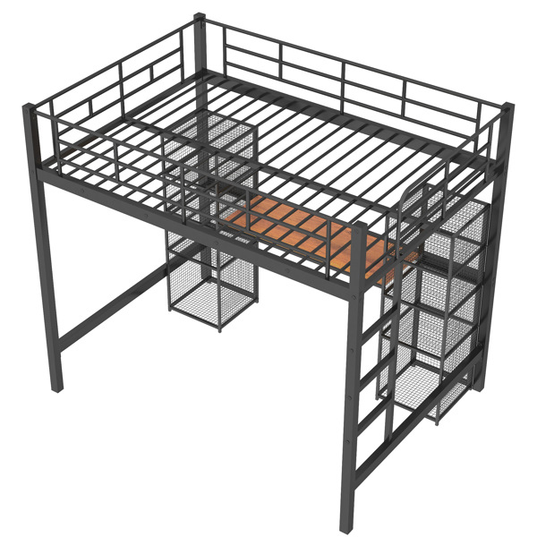 Full Size Metal Loft Bed with Built-in Desk and Shelves, Black+Brown