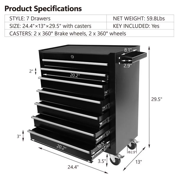 7 Drawers Rolling Tool Chest with Wheels, Portable Rolling Tool Box on Wheels, Tool Chest Organizer for Garage, Workshop, Home Crafts Use (BLACK)