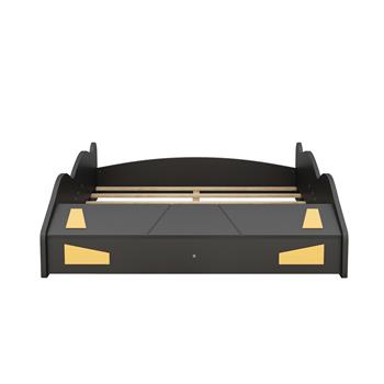 Full Size Race Car-Shaped Platform Bed with Wheels and Storage, Black+Yellow