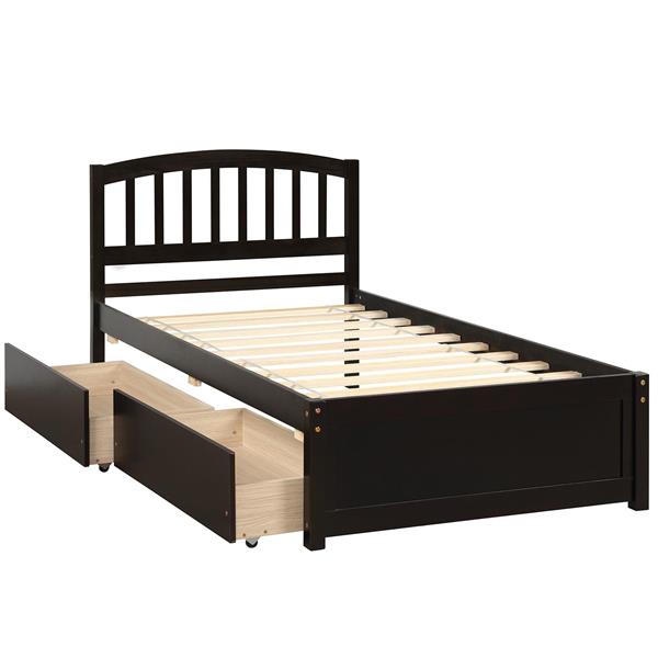 Twin Platform Storage Bed Wood Bed Frame with Two Drawers and Headboard, Espress