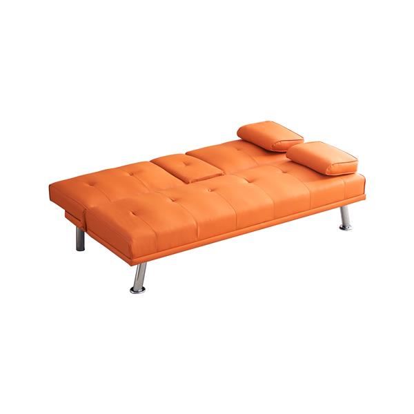 67" Orange Leather Multifunctional Double Folding Sofa Bed for Office with Coffee Table