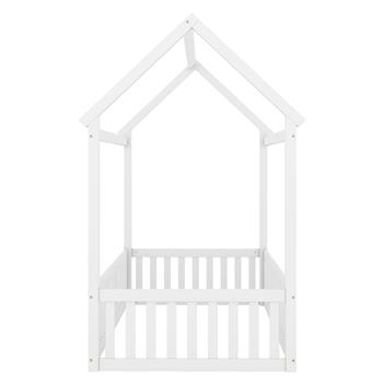 Twin Size Wood House Bed with Fence and Door, White