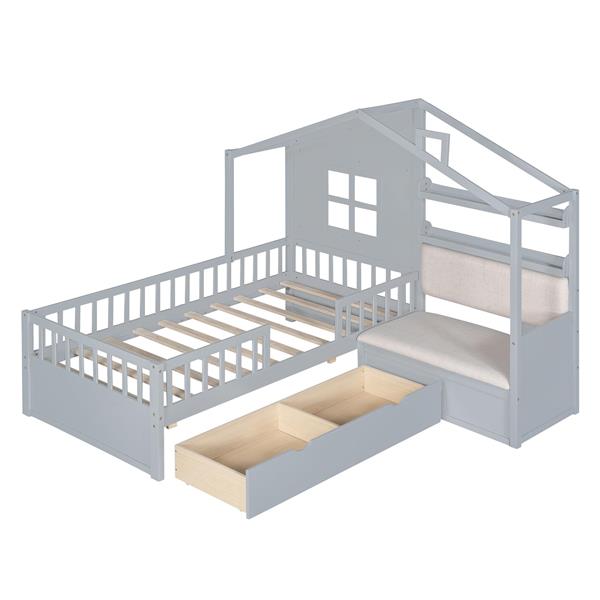 Twin Size House Bed with Sofa, Kids Platform Bed with Two Drawers and Storage Shelf, Gray