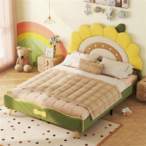 Full Size Upholstered Platform Bed with Sunflower Shaped Headboard, Green