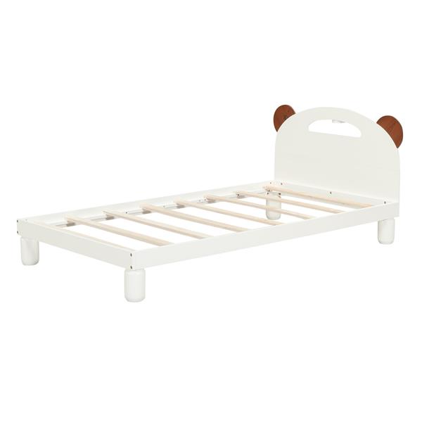 Twin Size Platform Bed with Bear Ears Shaped Headboard and LED, Cream White