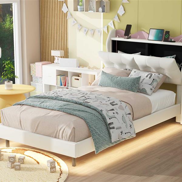 Twin Size Upholstery Platform Bed Frame with LED Light Strips,Headboard Storage Space and Two USB Charging Deisgn,Beige