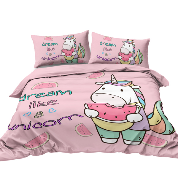 3 Pieces Unicorn Watermelon Duvet Cover Set for Comforter Bedding Queen Size Pink