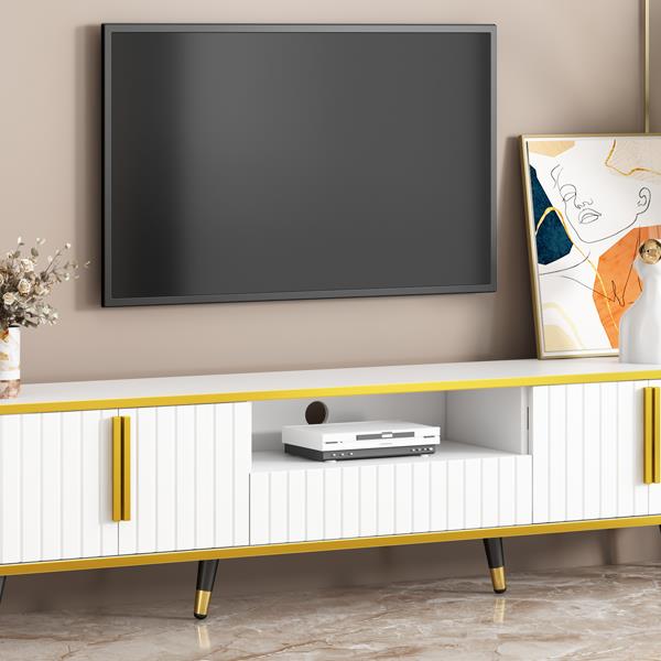 Luxury Minimalism TV Stand with Open Storage Shelf for TVs Up to 85", Entertainment Center with Cabinets and Drawers, Practical Media Console with Unique Legs for Living Room, White