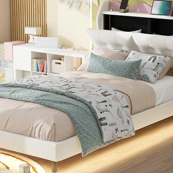 Twin Size Upholstery Platform Bed Frame with LED Light Strips,Headboard Storage Space and Two USB Charging Deisgn,Beige