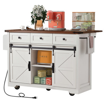  53.7\\" Farmhouse Kitchen Island with Power Outlet, 2 Sliding Barn Door Kitchen Storage Island with Drop Leaf, Spice Rack Rolling Kitchen Cart on Wheels, for Home, Kitchen and Dining Room, White