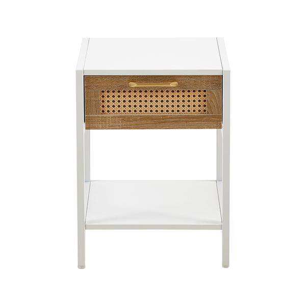 Set of 2, 15.74" Rattan End table with  drawer, Modern nightstand, metal legs,side table for living room, bedroom,white