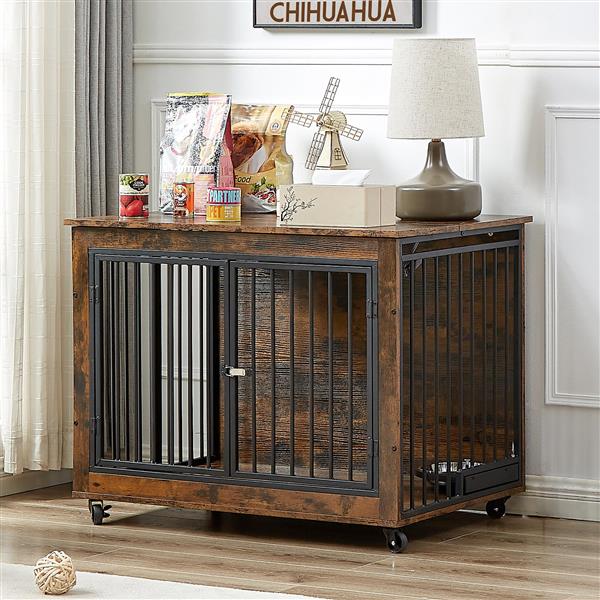 Furniture Style Dog Crate Side Table With Rotatable Feeding Bowl, Wheels, Three Doors, Flip-Up Top Opening. Indoor, Rustic Brown, 38.58"W x 25.2"D x 27.17"H