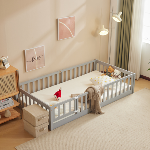 Fence Bed With Door With Board Grey Painted Pine Twin Children's Bed