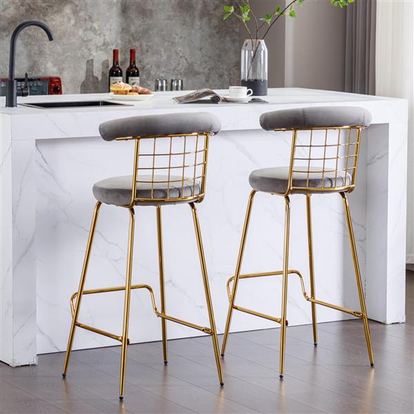 Bar Stool Set of 2, Luxury Velvet  High Bar Stool with Metal Legs and Soft Back, Pub Stool Chairs Armless Modern Kitchen High Dining Chairs with Metal Legs, Grey