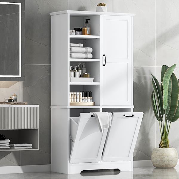 Bathroom Storage Cabinet with Doors and Drawers, Tilt-Out Laundry Hamper, Multiple Storage Space, Freestanding Style, Open Shelve, Adjustable Shelf, White