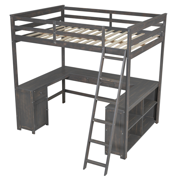 Full Size Loft Bed with U-shaped Desk, Drawers and Storage Shelves, Antique Brown