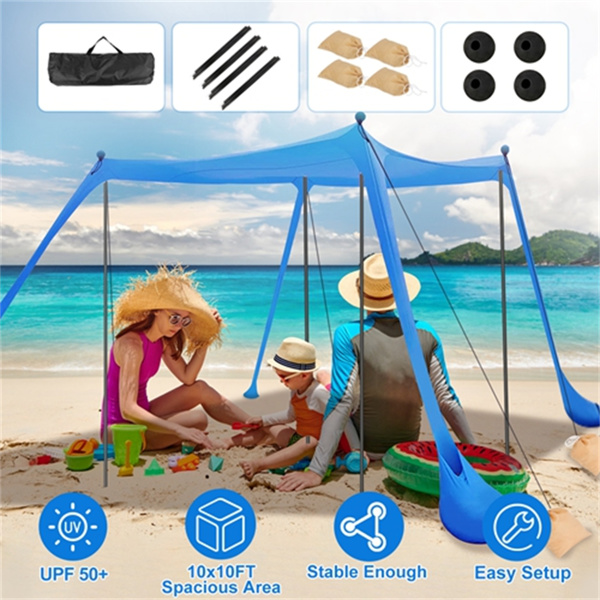 Beach Tent Canopy Pop Up Shade 10x10ft Sun Shelter Portable Family UPF50+ with 4 Sandbags-4 Aluminum Poles-4 x Ropes-Carrying Bag for Outdoor Camping Fishing Backyard Picnic（No shipments on weekends）