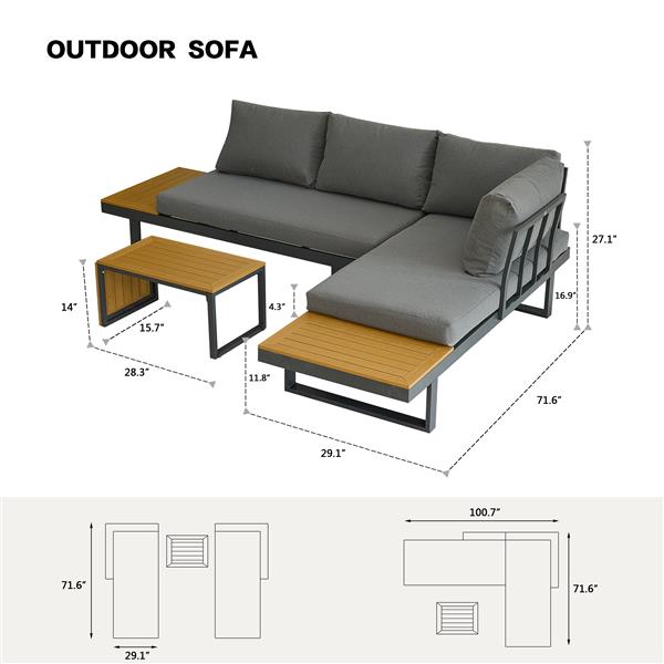 Aluminum Patio Furniture Set, Outdoor L-Shaped Sectional Sofa with Plastic Wood Side Table and Soft Cushion for Backyard Poolside