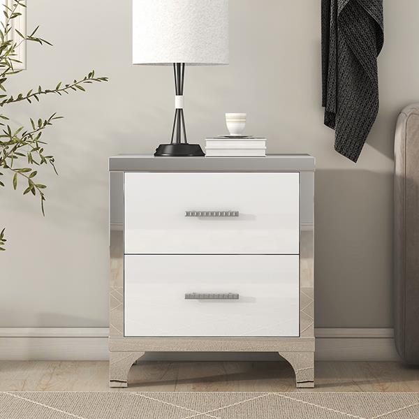 Elegant High Gloss Nightstand with Metal Handle,Mirrored Bedside Table with 2 Drawers for Bedroom,Living Room,White