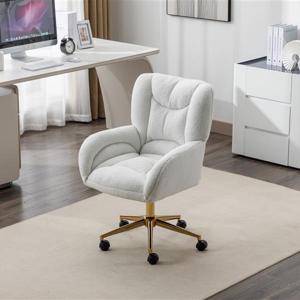 005-Teddy Fabric 360 Swivel Home Office Chair With Gold Metal Base And Universal Wheels,Ivory