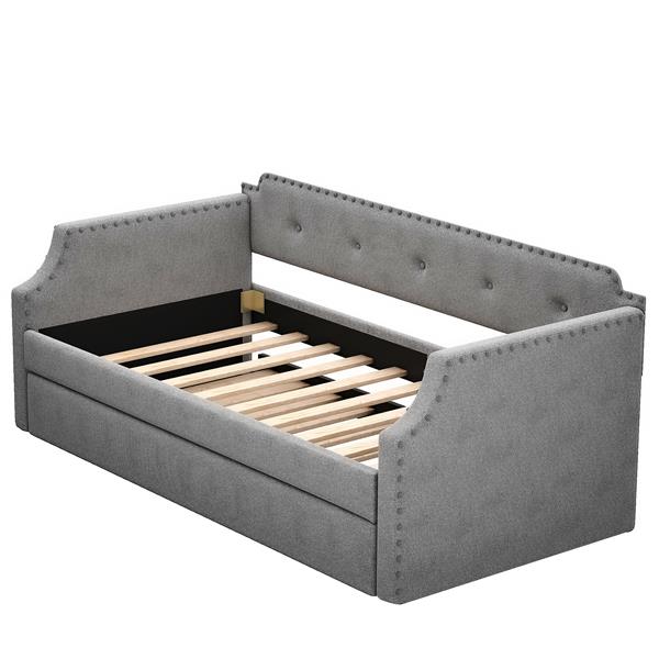 Upholstered Daybed with Trundle, Wood Slat Support,Upholstered Frame Sofa Bed , Twin,Gray