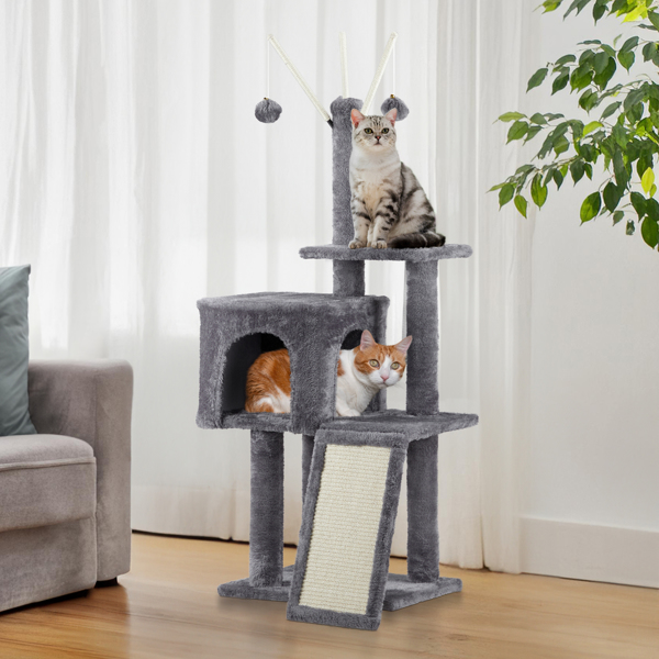 49 inch Cat Tree Cat Tower for Indoor Cats, Cat House with Padded Platform Bed, Toy Balls, Large Cozy Condo and Scratch Board, Dark Grey