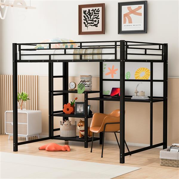 Full Size Loft Bed with Desk and Whiteboard, Metal Loft Bed with 3 Shelves and Ladder, Black