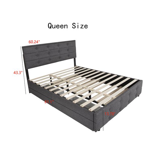 Queen Size Upholstered Platform Bed Frame with 4 Storage Drawers, Adjustable Linen Headboard, Wooden Slats Support, No Box Spring Needed, Easy Assembly,Grey