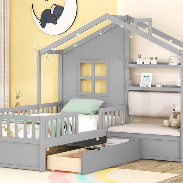 Twin Size House Bed with Sofa, Kids Platform Bed with Two Drawers and Storage Shelf, Gray