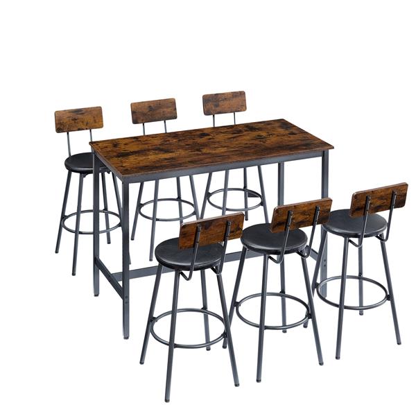 Pub High Dining Table 7 Piece Set, Industrial Style Pub Table, 6 PU Leather Bar Chairs for Kitchen Breakfast Table, Living Room, Bar, Rustic Brown, 47.2″L x 23.6"W x 35.4"H