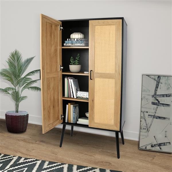 59'' Tall  Rustic Farmhouse Storage Cabinet with Shelf Wide Countertop Wooden Bedroom Living Room Kitchen Furniture with Rattan Design Nature Color