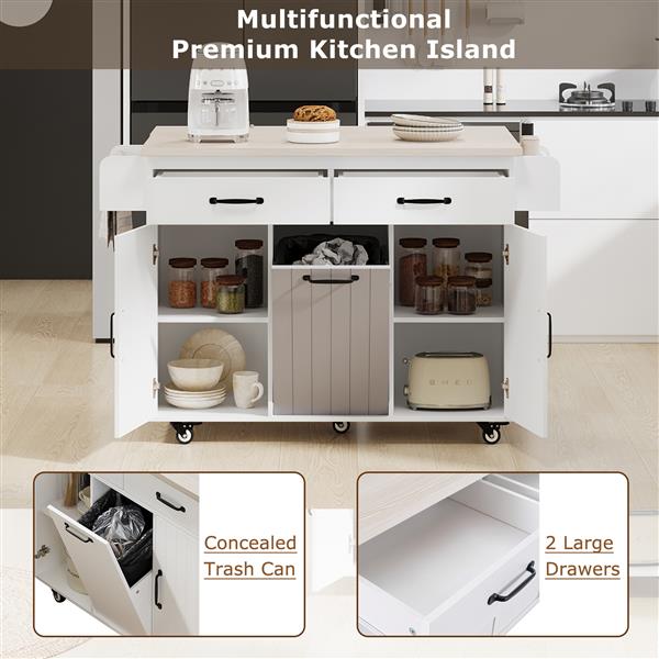 Kitchen Island with Trash Can Storage Cabinet, Kitchen Cart with Drop Leaf, Spice Rack, Towel Rack and Drawer, Rolling Kitchen Island on Wheels with Adjustable Shelf, White