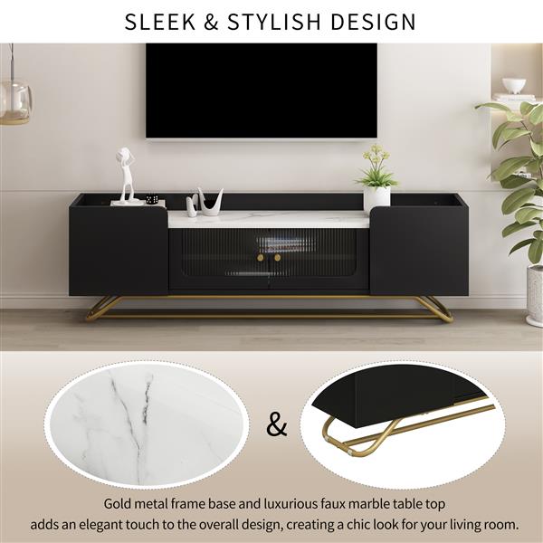 Sleek Design TV Stand with Fluted Glass, Contemporary Entertainment Center for TVs Up to 70", Faux Marble Top TV Console Table with Gold Frame Base, Black