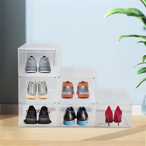 6 Pack Transparent Shoe Storage Boxes Hard Plastic Stackable Shoe Box Organiser