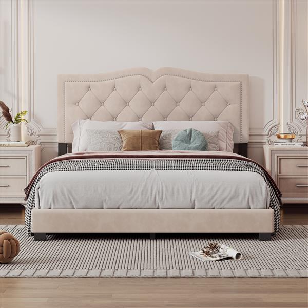 Queen Size Upholstered Bed Frame with Rivet Design, Modern Velvet Platform Bed with Tufted Headboard,Beige