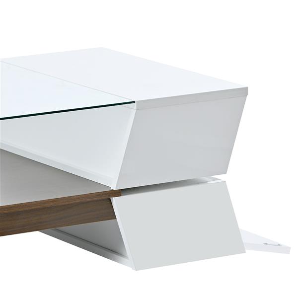 [VIDEO provided] 6mm Glass-Top Coffee Table with Open Shelves and Cabinets, Geometric Style Cocktail Table with Great Storage Capacity, Modernist 2-Tier Center Table for Living Room, White