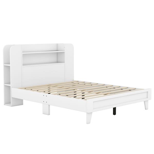 Full Size Platform Bed with Storage Headboard,Multiple Storage Shelves on Both Sides,White