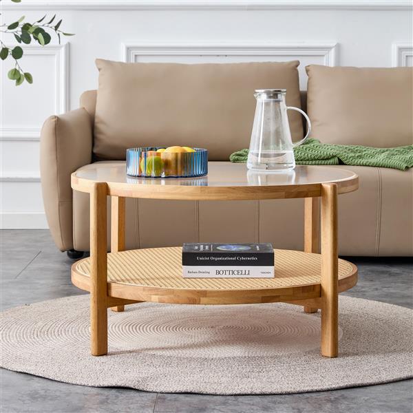 Modern simple circular double-layer solid wood tea table rattan woven Chinese side table small round table suitable for living room, dining room and bedroom