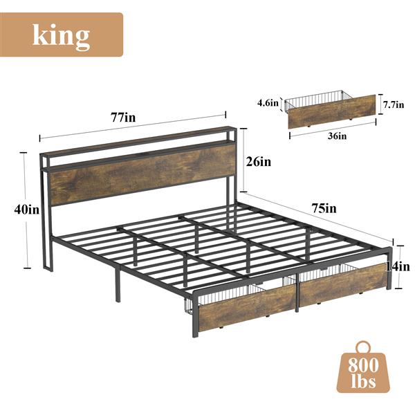 King Bed Frame with LED Lights and Charging Station - Robust Metal  Wood Construction, Rustic Wood Platform Bed Frame with 2 Drawers, No Box Spring Needed, Noise Free, Vintage Brown, Easy Assemble