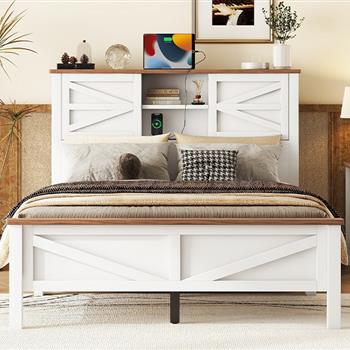 Farmhouse Platform Bed with Double Sliding Barn Door, Full Size Rustic Wood Bed with\\nCharging Station, Wood Slats Support, White+Brown