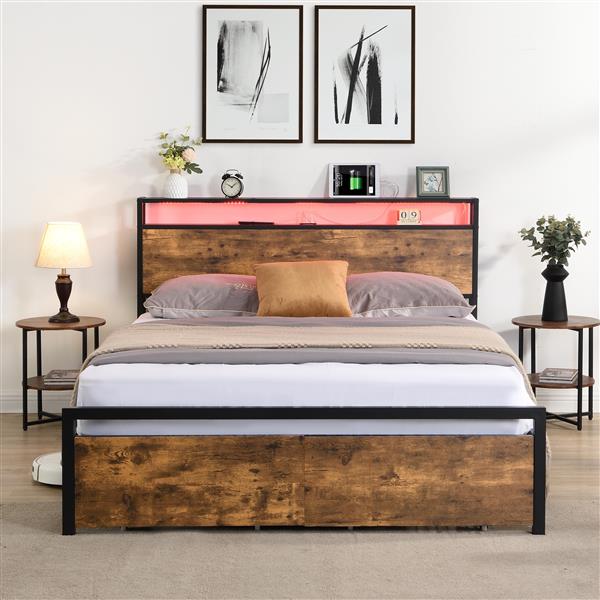 Full Size Bed Frame with Storage Headboard and 2 Drawers, LED Lights Bed with Charging Station, Metal Platform Bed No Noise, Mattress Foundation Strong Metal Slats Support No Box Spring Needed