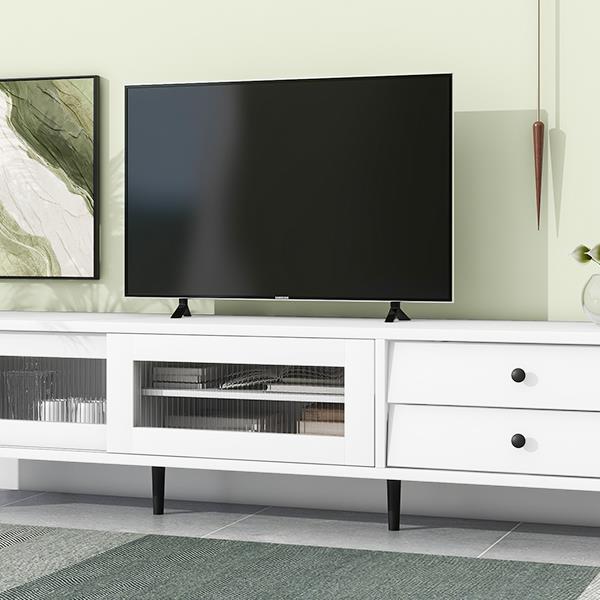 Chic Elegant Design TV Stand with Sliding Fluted Glass Doors, Slanted Drawers Media Console for TVs Up to 75", Modern TV Cabinet with Ample Storage Space, White